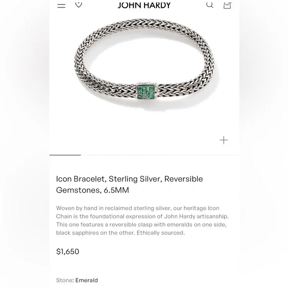 John Hardy REVERSIBLE 6.5mm Icon Silver Bracelet in Emerald & Black Sapphire - Picture 2 of 16